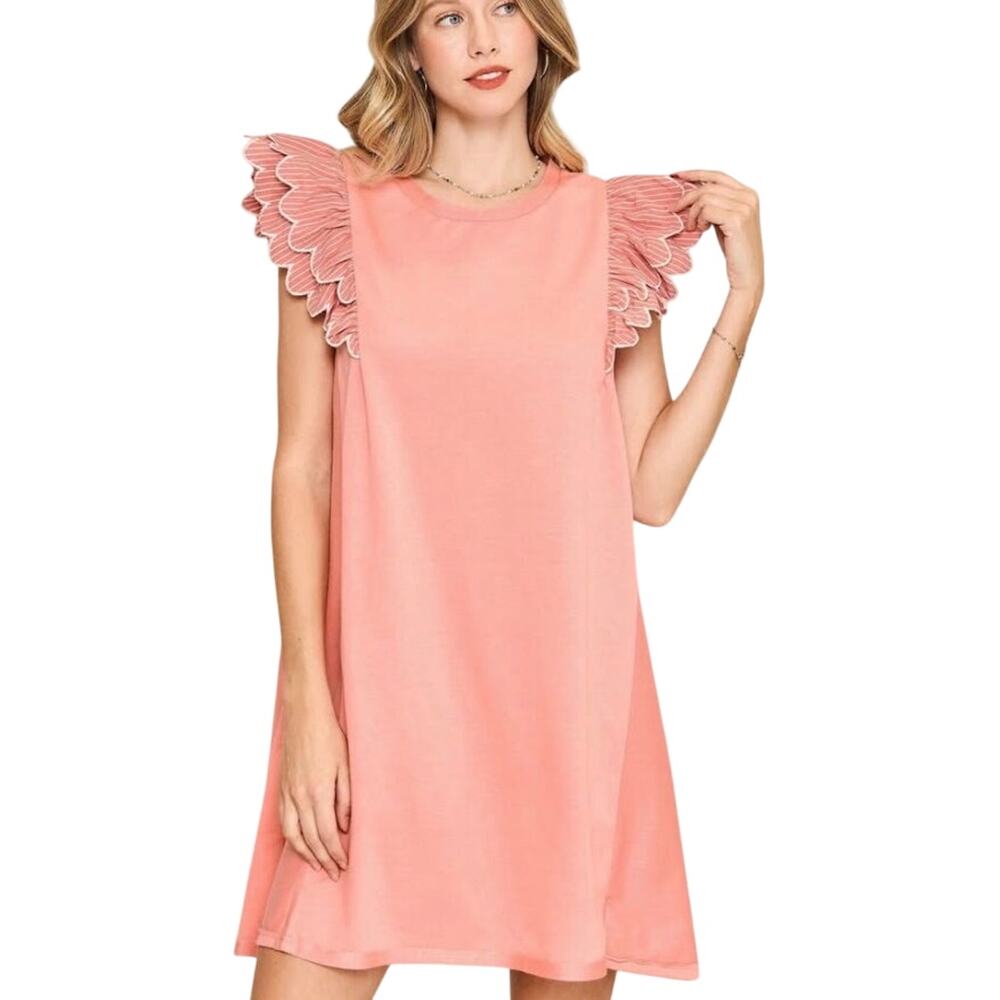Umgee Bubblegum Pink Cotton Blend Ruffle Striped Cap Sleeve Mini Dress S NEW